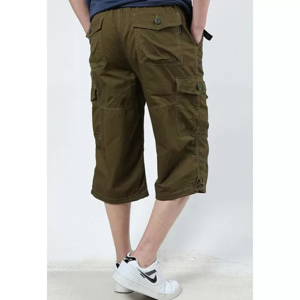 Flygo Men's Twill Elastic Cargo Shorts Below Knee Loose Multi-Pockets Capri Long Shorts