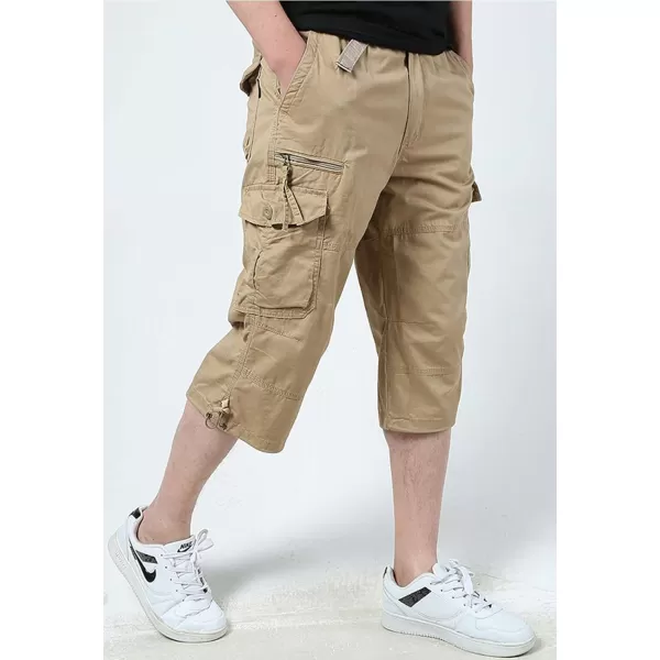 Flygo Men's Twill Elastic Cargo Shorts Below Knee Loose Multi-Pockets Capri Long Shorts