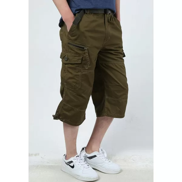 Flygo Men's Twill Elastic Cargo Shorts Below Knee Loose Multi-Pockets Capri Long Shorts
