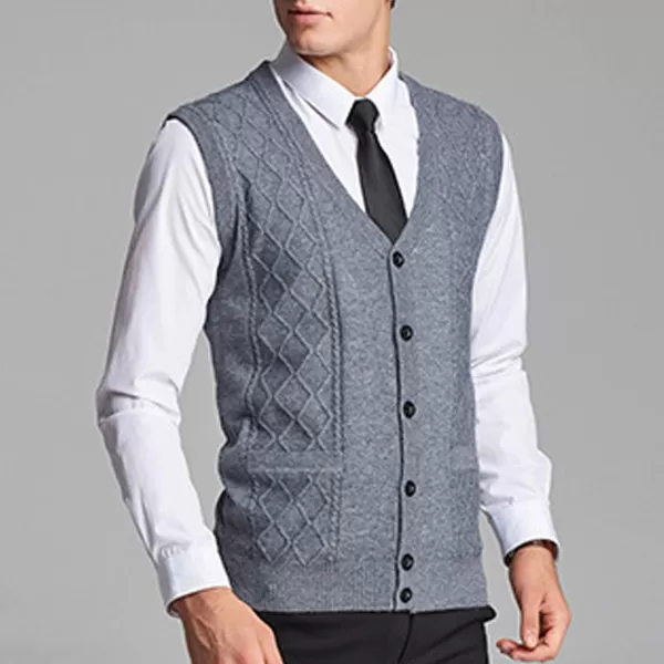 Flygo Men's V-Neck Wool Knitted Sweater Vest Knitwear Waistcoat with Button Front
