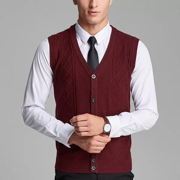 Flygo Men's V-Neck Wool Knitted Sweater Vest Knitwear Waistcoat with Button Front