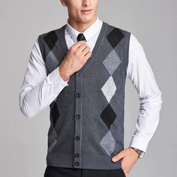 Flygo Mens Wool Button Front Argyle V Neck Sweater Vest