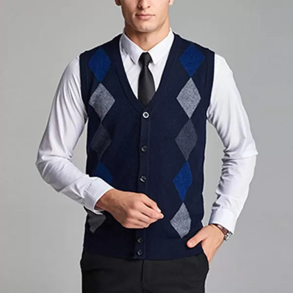 Flygo Mens Wool Button Front Argyle V Neck Sweater Vest