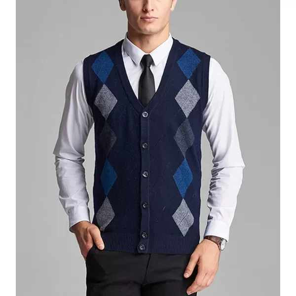Flygo Mens Wool Button Front Argyle V Neck Sweater Vest