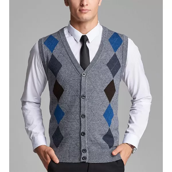 Flygo Mens Wool Button Front Argyle V Neck Sweater Vest