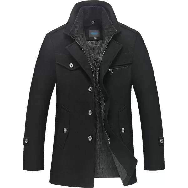 Flygo Men's Wool Pea Coat Layered Collar Quilted Lined Single Breasted Peacoat Jacket
