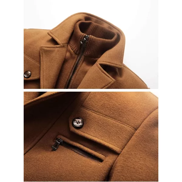 Flygo Men's Wool Pea Coat Layered Collar Quilted Lined Single Breasted Peacoat Jacket
