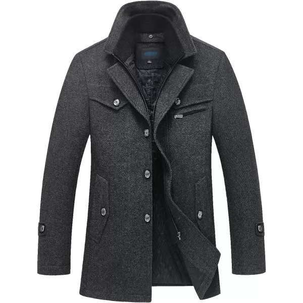 Flygo Men's Wool Pea Coat Layered Collar Quilted Lined Single Breasted Peacoat Jacket