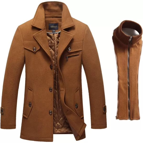 Flygo Men's Wool Pea Coat Layered Collar Quilted Lined Single Breasted Peacoat Jacket