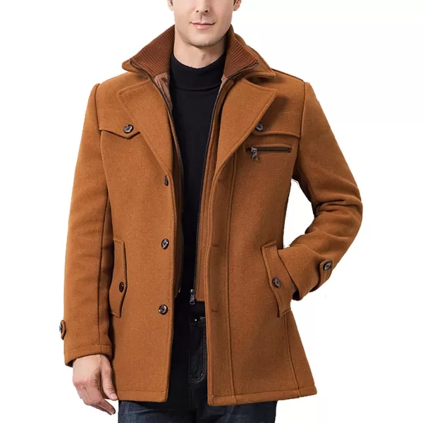 Flygo Men's Wool Pea Coat Layered Collar Quilted Lined Single Breasted Peacoat Jacket