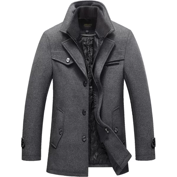 Flygo Men's Wool Pea Coat Layered Collar Quilted Lined Single Breasted Peacoat Jacket