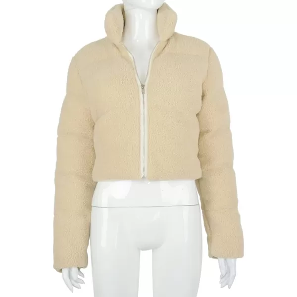 Flygo Shearling Fleece Cropped Puffer Jacket for Women Winter Stand Collar Zip Up Padded Down Coat