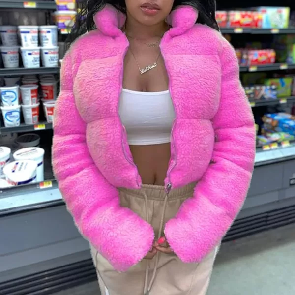 Flygo Shearling Fleece Cropped Puffer Jacket for Women Winter Stand Collar Zip Up Padded Down Coat