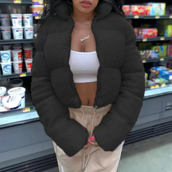 Flygo Shearling Fleece Cropped Puffer Jacket for Women Winter Stand Collar Zip Up Padded Down Coat