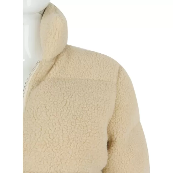 Flygo Shearling Fleece Cropped Puffer Jacket for Women Winter Stand Collar Zip Up Padded Down Coat