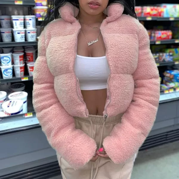 Flygo Shearling Fleece Cropped Puffer Jacket for Women Winter Stand Collar Zip Up Padded Down Coat