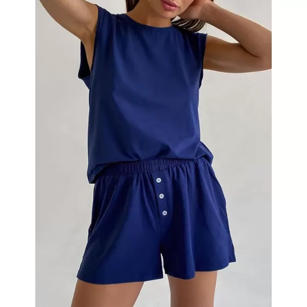 Flygo Women 2 Piece Outfits Crew Neck Tank Top Elastic Shorts Pajama Sets
