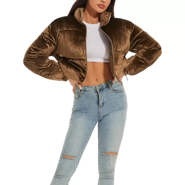 Flygo Women Cropped Puffer Jacket Winter Jackets Lightweight Zip Up Stand Collar Quilted Coats