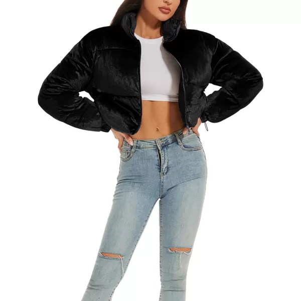 Flygo Women Cropped Puffer Jacket Winter Jackets Lightweight Zip Up Stand Collar Quilted Coats