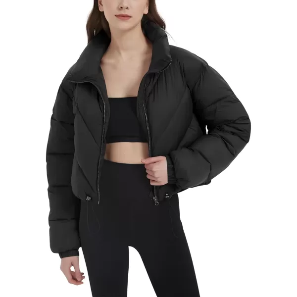Flygo Women Cropped Puffer Jacket Winter Jackets Lightweight Zip Up Stand Collar Quilted Coats