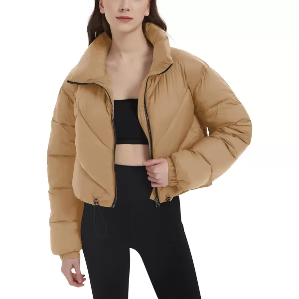 Flygo Women Cropped Puffer Jacket Winter Jackets Lightweight Zip Up Stand Collar Quilted Coats