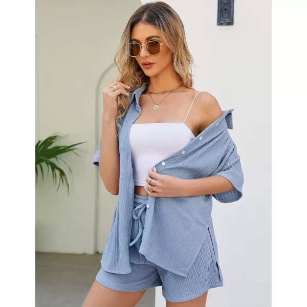 Flygo Womens 2 Piece Casual Outfits Summer Pleated Short Sleeve Top and Set Button Down Shirt Y2K