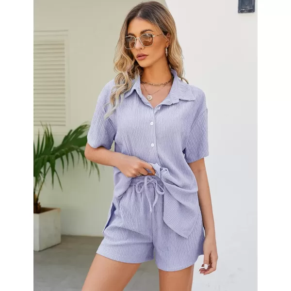 Flygo Womens 2 Piece Casual Outfits Summer Pleated Short Sleeve Top and Set Button Down Shirt Y2K