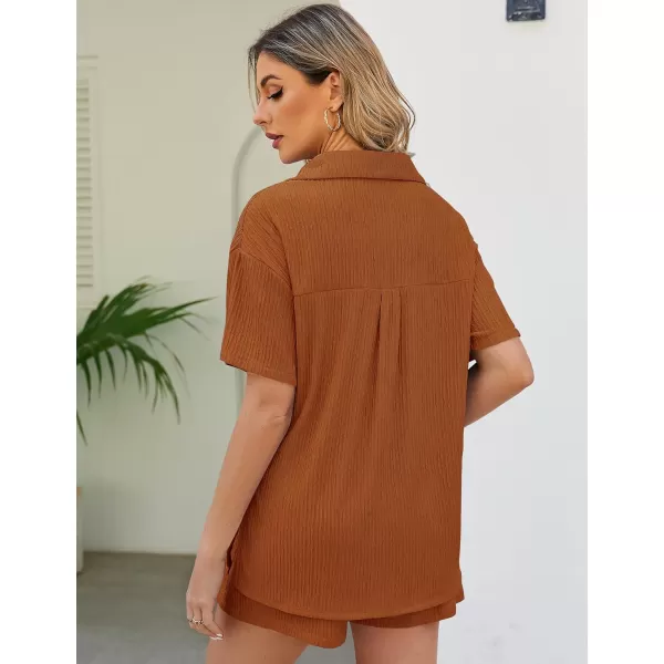 Flygo Womens 2 Piece Casual Outfits Summer Pleated Short Sleeve Top and Set Button Down Shirt Y2K