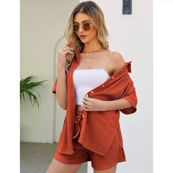 Flygo Womens 2 Piece Casual Outfits Summer Pleated Short Sleeve Top and Set Button Down Shirt Y2K