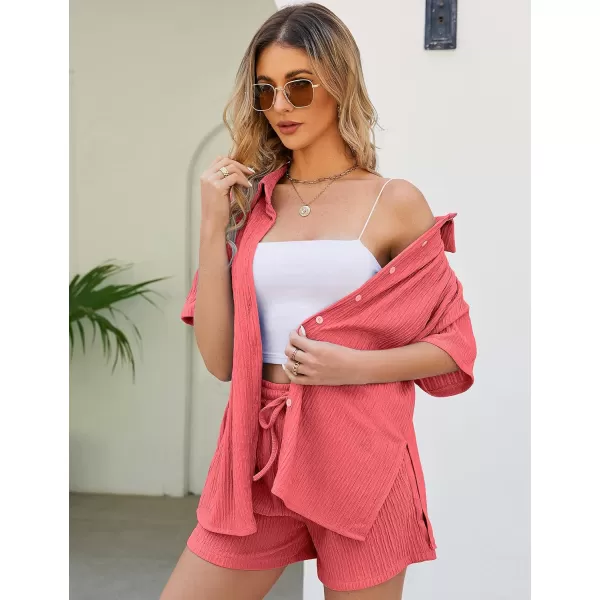 Flygo Womens 2 Piece Casual Outfits Summer Pleated Short Sleeve Top and Set Button Down Shirt Y2K