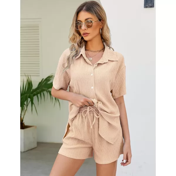 Flygo Womens 2 Piece Casual Outfits Summer Pleated Short Sleeve Top and Set Button Down Shirt Y2K