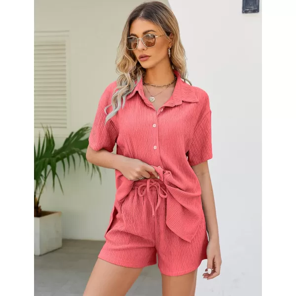 Flygo Womens 2 Piece Casual Outfits Summer Pleated Short Sleeve Top and Set Button Down Shirt Y2K