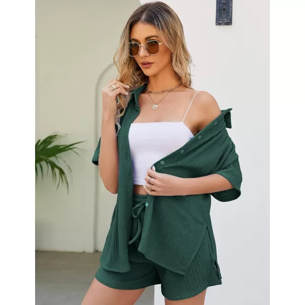 Flygo Womens 2 Piece Casual Outfits Summer Pleated Short Sleeve Top and Set Button Down Shirt Y2K