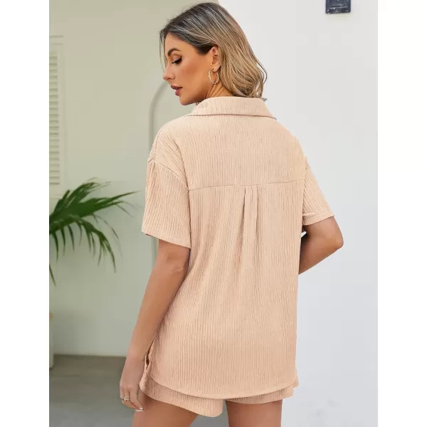 Flygo Womens 2 Piece Casual Outfits Summer Pleated Short Sleeve Top and Set Button Down Shirt Y2K