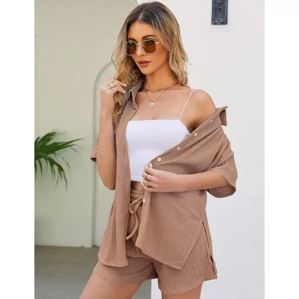 Flygo Womens 2 Piece Casual Outfits Summer Pleated Short Sleeve Top and Set Button Down Shirt Y2K