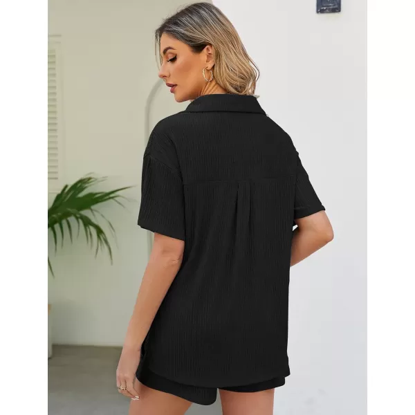 Flygo Womens 2 Piece Casual Outfits Summer Pleated Short Sleeve Top and Set Button Down Shirt Y2K
