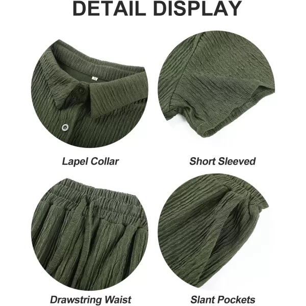 Flygo Womens 2 Piece Casual Outfits Summer Pleated Short Sleeve Top and Set Button Down Shirt Y2K
