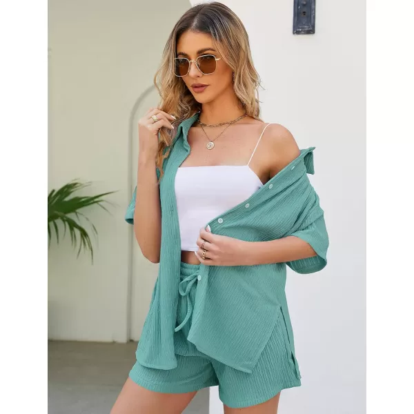 Flygo Womens 2 Piece Casual Outfits Summer Pleated Short Sleeve Top and Set Button Down Shirt Y2K