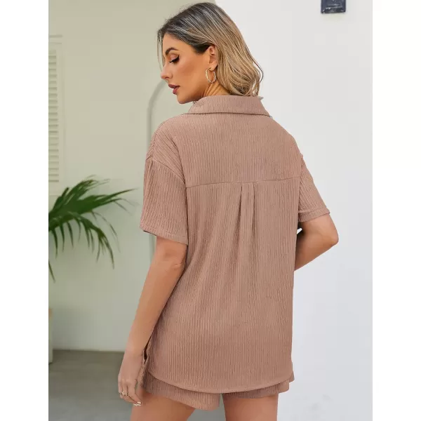 Flygo Womens 2 Piece Casual Outfits Summer Pleated Short Sleeve Top and Set Button Down Shirt Y2K