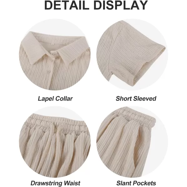 Flygo Womens 2 Piece Casual Outfits Summer Pleated Short Sleeve Top and Set Button Down Shirt Y2K