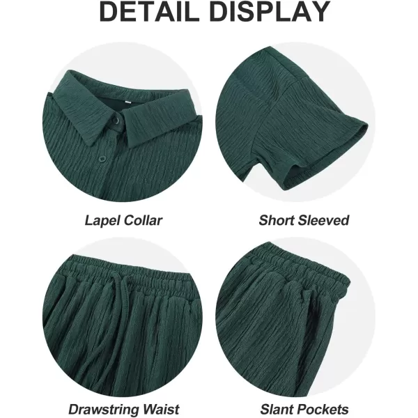 Flygo Womens 2 Piece Casual Outfits Summer Pleated Short Sleeve Top and Set Button Down Shirt Y2K