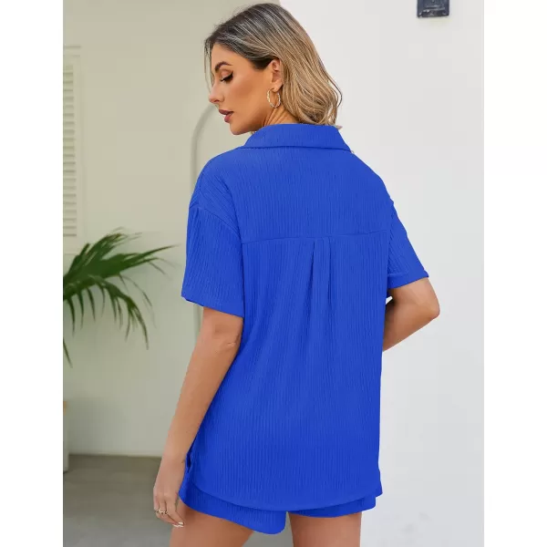 Flygo Womens 2 Piece Casual Outfits Summer Pleated Short Sleeve Top and Set Button Down Shirt Y2K