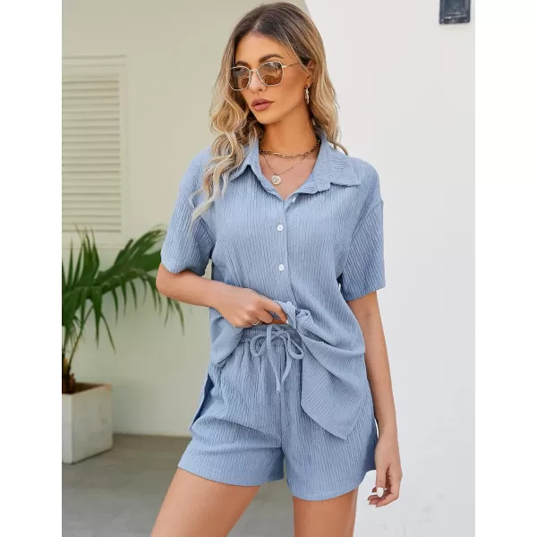 Flygo Womens 2 Piece Casual Outfits Summer Pleated Short Sleeve Top and Set Button Down Shirt Y2K