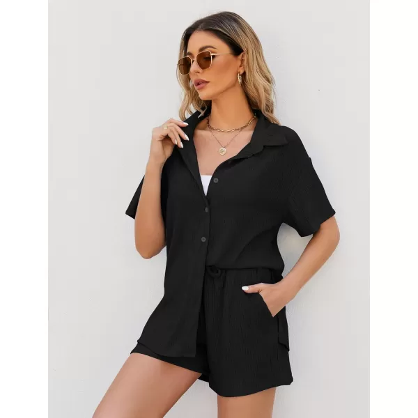 Flygo Womens 2 Piece Casual Outfits Summer Pleated Short Sleeve Top and Set Button Down Shirt Y2K