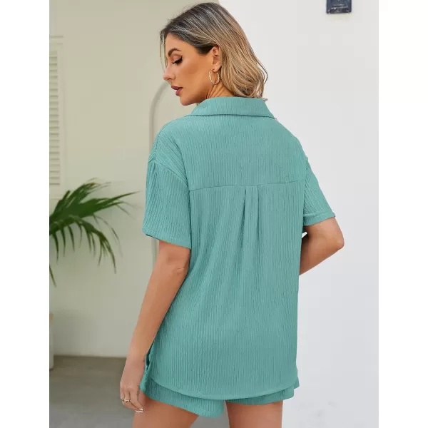 Flygo Womens 2 Piece Casual Outfits Summer Pleated Short Sleeve Top and Set Button Down Shirt Y2K