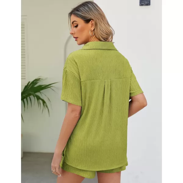 Flygo Womens 2 Piece Casual Outfits Summer Pleated Short Sleeve Top and Set Button Down Shirt Y2K
