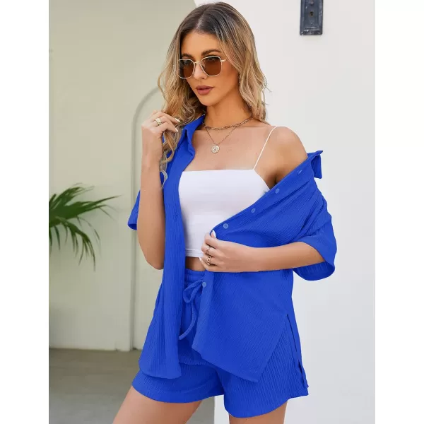 Flygo Womens 2 Piece Casual Outfits Summer Pleated Short Sleeve Top and Set Button Down Shirt Y2K