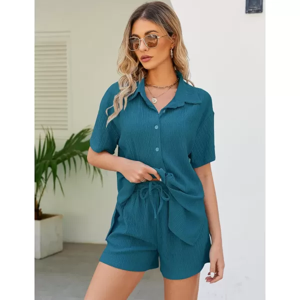 Flygo Womens 2 Piece Casual Outfits Summer Pleated Short Sleeve Top and Set Button Down Shirt Y2K