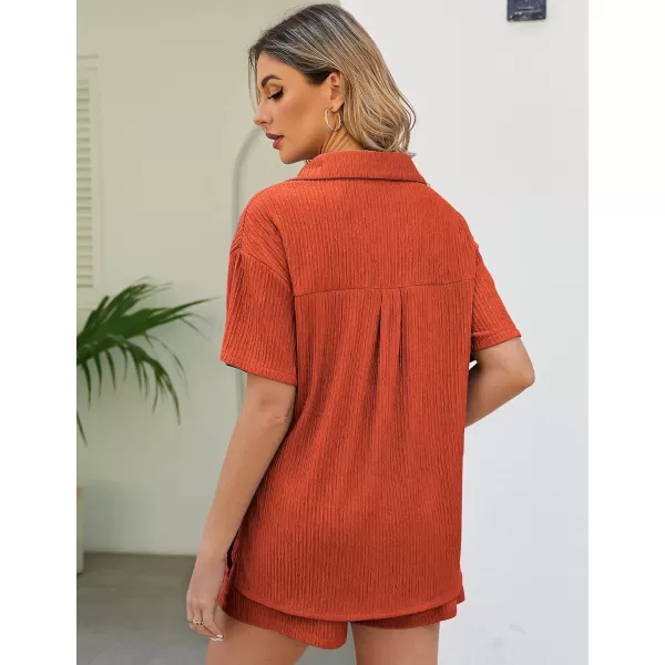 Flygo Womens 2 Piece Casual Outfits Summer Pleated Short Sleeve Top and Set Button Down Shirt Y2K