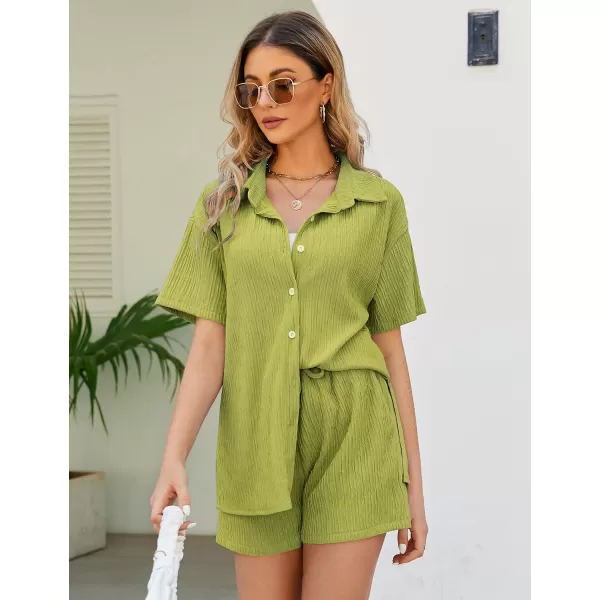 Flygo Womens 2 Piece Casual Outfits Summer Pleated Short Sleeve Top and Set Button Down Shirt Y2K